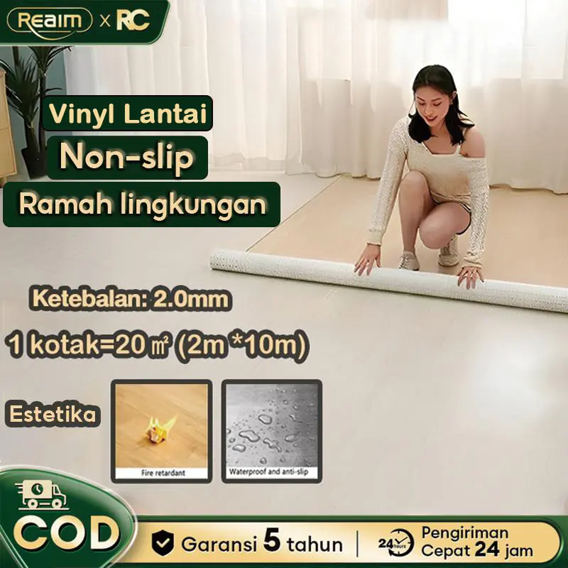 【Diskon super 50%】REAIM  Lantai Vinyl   Bahan PVC  Bebas Formaldehida  Material Aman untuk Bayi dan Ibu Hamil  Tahan Air dan Anti Lelah   Kualitas Premium  Multifungsi   Tebal  Ketebalan 1-1.5 mm  Lebar 2 meter x Panjang 5 meter / 10 meter / 25 meter