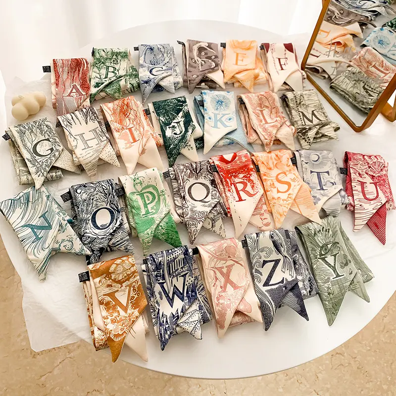 New Brand Fashion Letter Pattern Women Silk Riband Handle Bags Scarf Small Ribbon Hair Band Headband Scarves & Wraps Hair Ties for girls A-Z