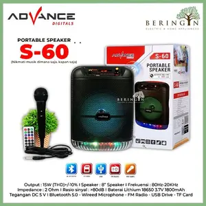 Advance Digitalis S-60 Speaker Portable dengan Bluetooth 5.0, FM Radio, USB Drive, TF Card, dan Mikrofon Kabel