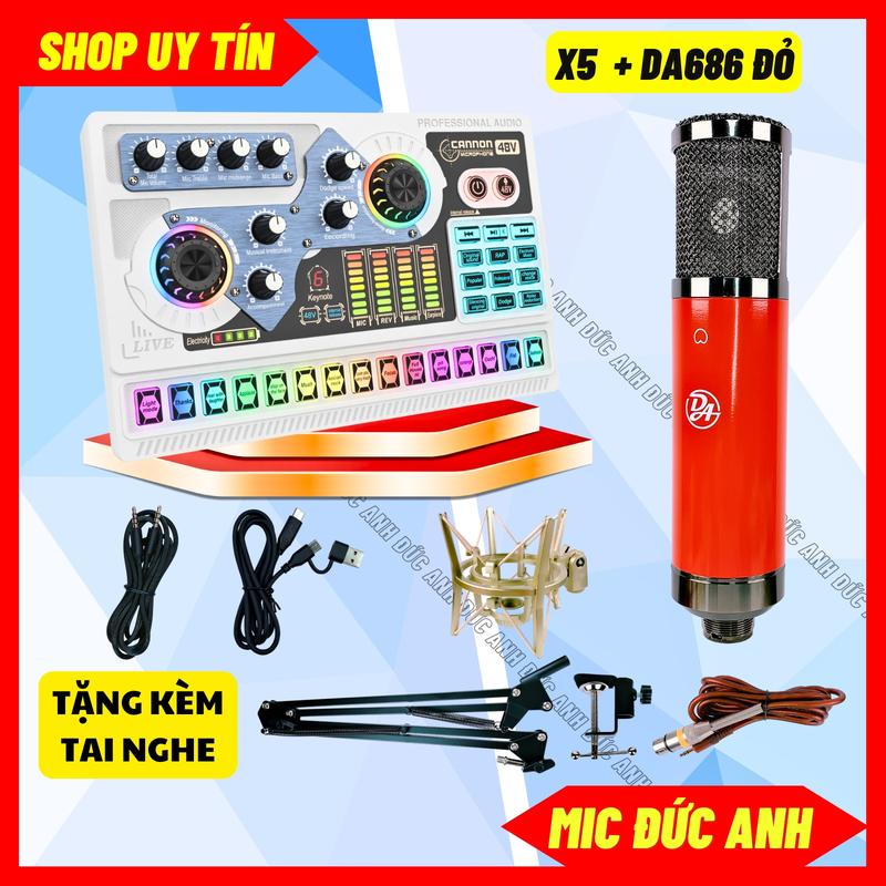 Bộ Sound Card X5 Đời Mới Mic DA686 Thu Âm, Hát Livestream Chuyên Nghiệp Lọc Âm Tốt - Phụ Kiện Âm Thanh Tặng Kèm Tai Nghe
