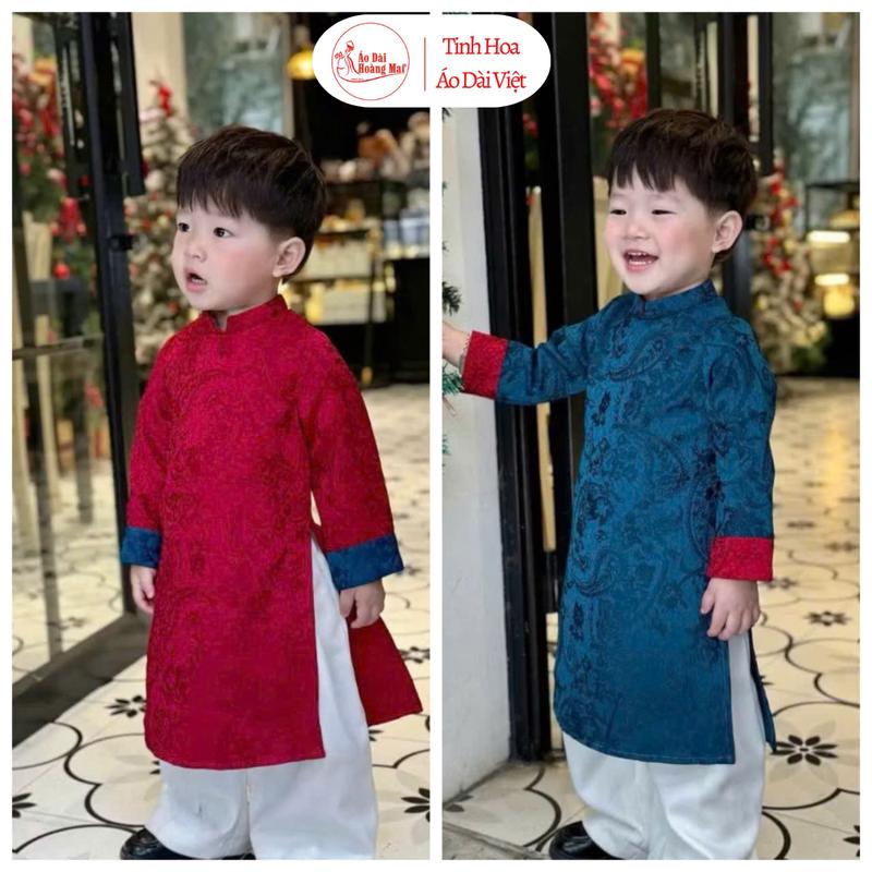 Áo Dài Cách Tân Bé Trai – Gấm Dệt Hoa Văn Cao Cấp Tặng Kèm Quần – Dự Lễ & Tết 2026 Mặc Tết Đi Lễ Chụp Ảnh – Hoàng Mai