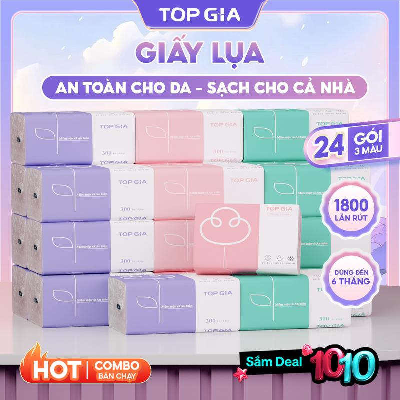(SUPER DEAL LIVE - GIẤY LỤA BẢN CAO CẤP) Thùng 24 gói giấy ăn rút TOP GIA thành phần bột gỗ tự nhiên 4 lớp giấy dai dày mềm mại Giấy Vệ Sinh 3 màu giấy rút gia dụng tiện ích F0100