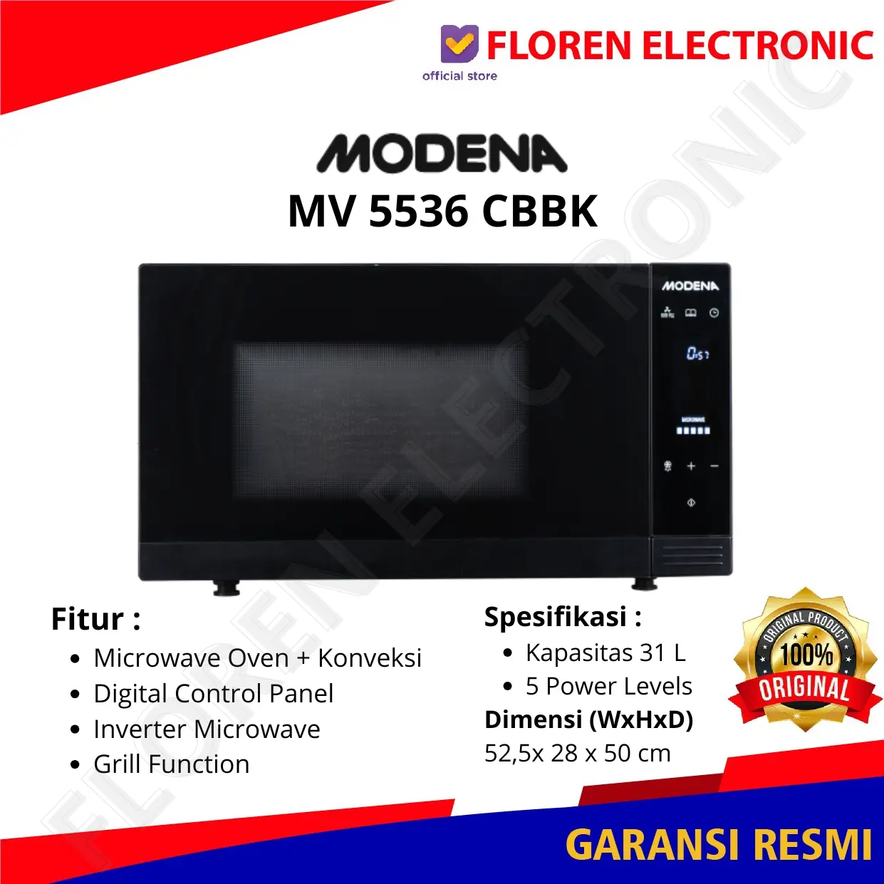 Modena MV 5536 CBBK / MV5536CBBK / 5536CBBK Microwave Convection Oven 31 Liter INVERTER Bisa Buat Kue BARANG BARU DAN SEGEL MURAH GARANSI RESMI MODENA INDONESIA (Versi Terbaru dari MV 3116 dan MV 3133)