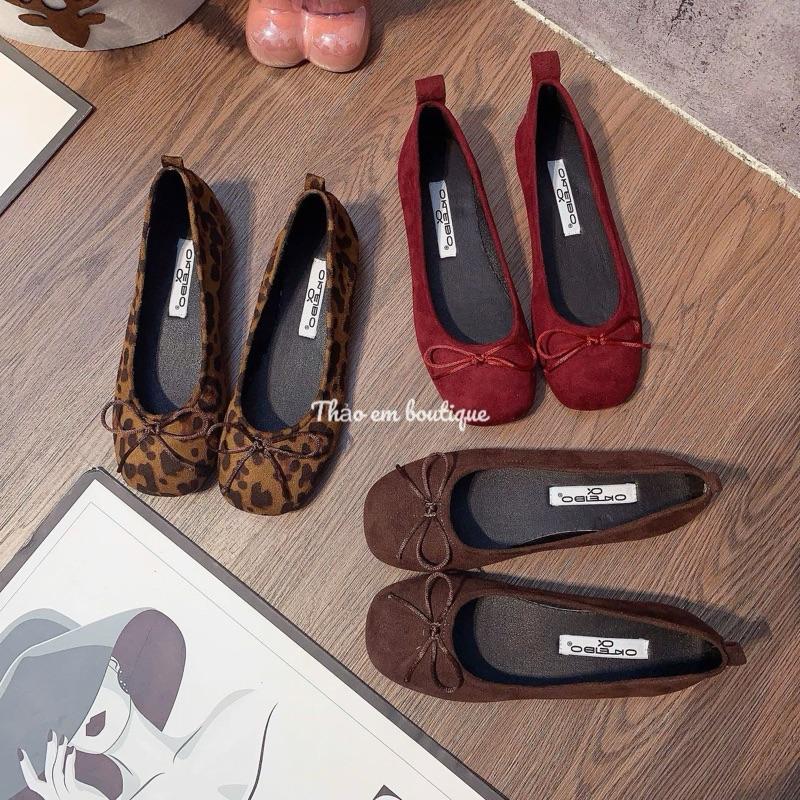   Thảo Em - BB562  Giày bệt búp bê nữ đế thấp da lộn mềm mũi đính nơ sang chảnh 