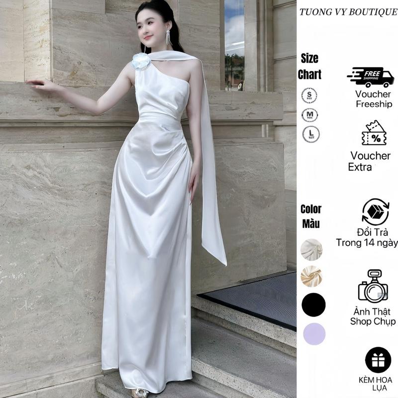 ( CÓ HOA & KHÔNG HOA - DÁNG DÀI CHẠM GÓT) - Váy LỤA Lệch Vai KÍN LƯNG Nhấn Li Eo Mặc Nhiều Kiểu Lót Đúp Mềm Mịn Phong Cách Sang Trọng Dành Cho Nữ Đi Tiệc -TQ24 - Dress