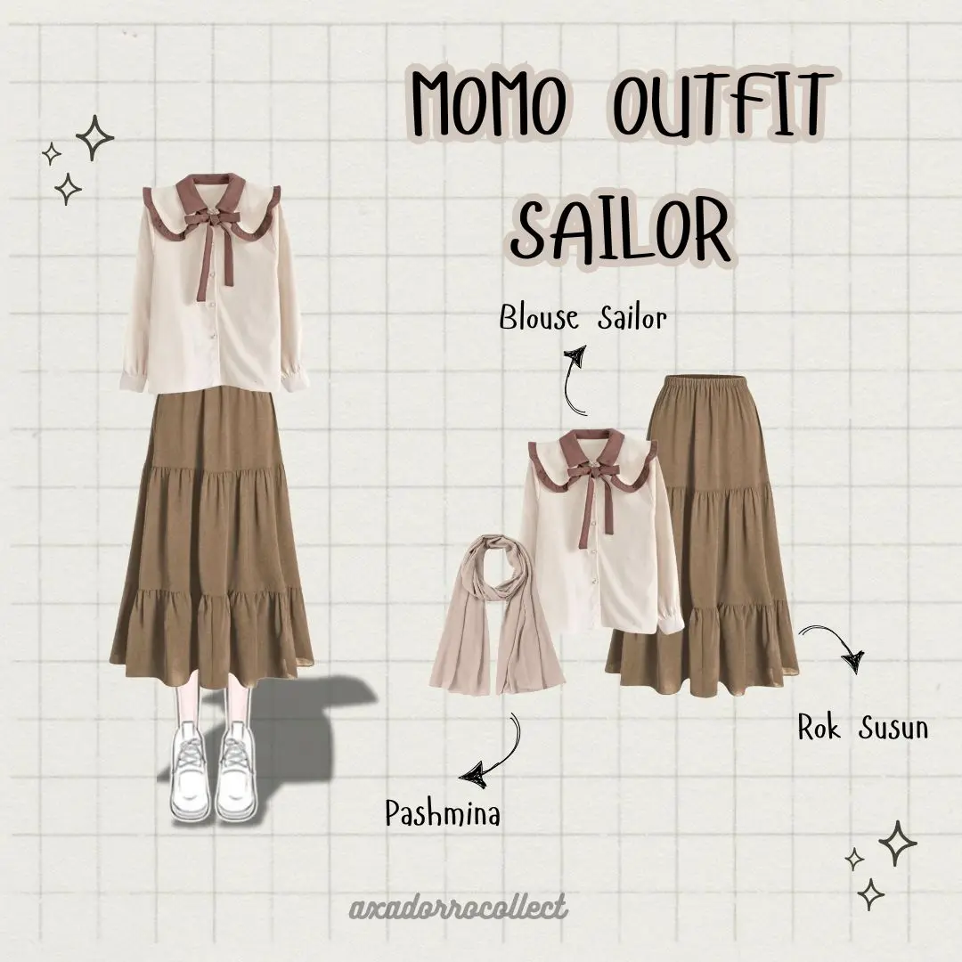 Oneset Momo (Blouse Sailor + Rok Susun + Pashmina) Calm Style Korea