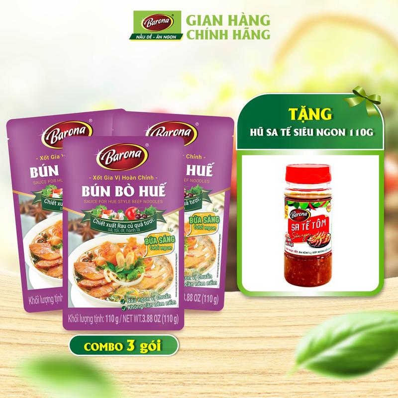 Combo 3 Gói Gia Vị Bún Bò Huế Barona 110g, Tặng 1 hũ Sate Tôm Siêu Ngon 100g