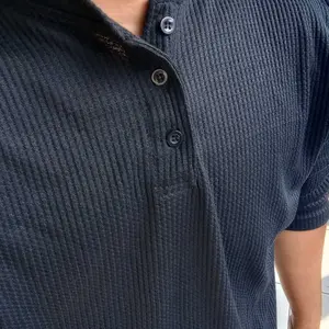 Kaos Waffle Knit Kancing Sanghai Pria Terbaru Baju Combat Outfit Cowok Santai Panjang Tebal Knitwear Kerah Modern Bahan Berkualitas