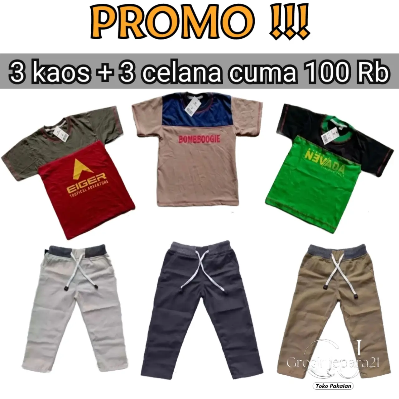 Promo Paket Celana Cinos Panjang Anak dan Kaos Anak 100rb dapat 6pcs