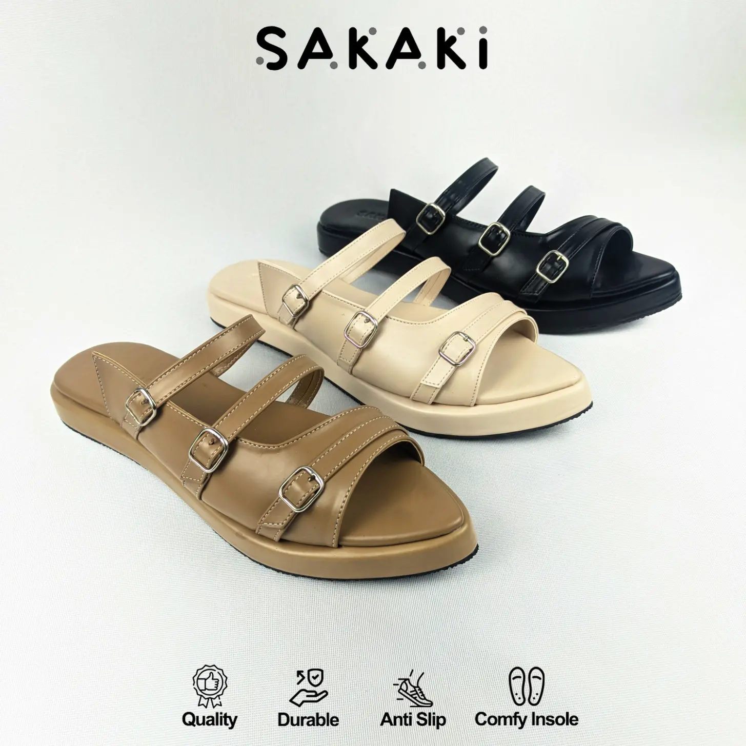 SAKAKI Rianie - Sandal Wanita Mules Flat SlipOn Gesper Lancip Hitam Sendal Cewek