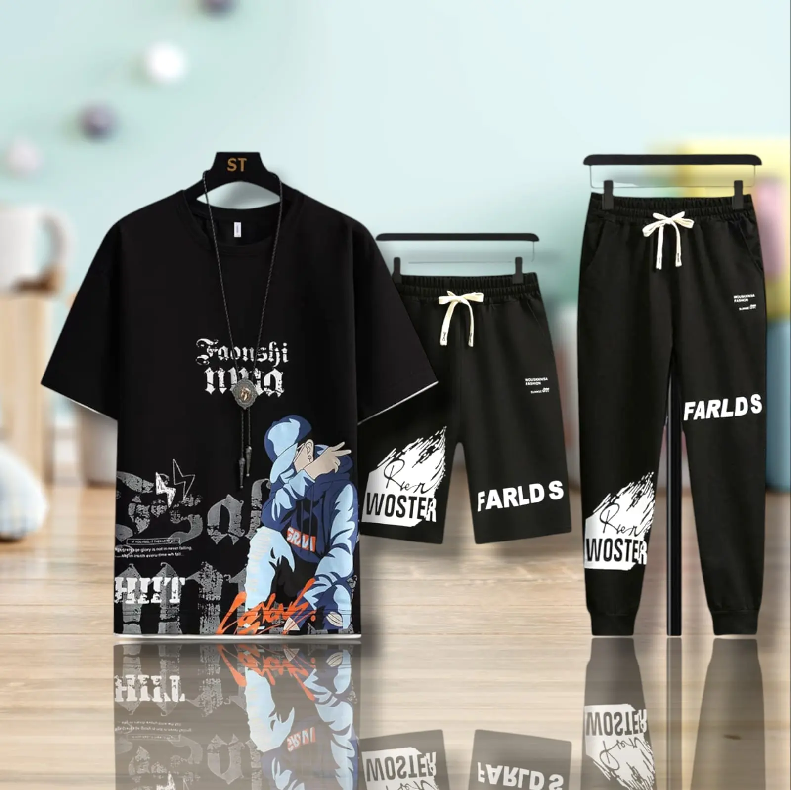 Set Kaos Pendek 3in1 FAONSHI dengan Celana Pendek dan Jogger Panjang untuk Dewasa - Unisex, Wanita Motif - Pria - Setelan