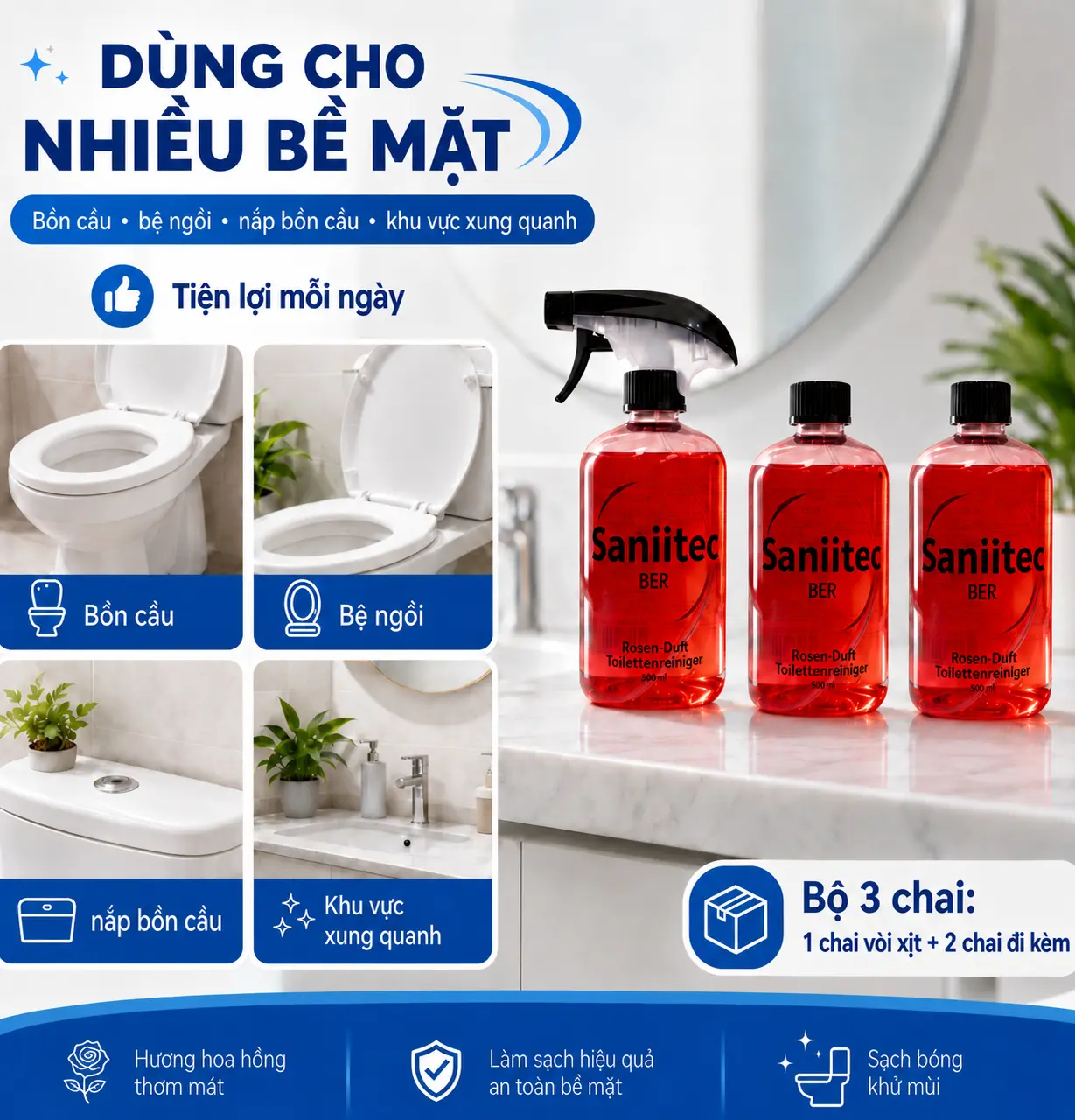【MUA 1 TẶNG 2】Bộ 3 Chai Bọt Vệ Sinh Bồn Cầu 500ml - Diệt Khuẩn & Khử Mùi Toilet/Bồn Tắm | An Toàn TUYỆT ĐỐI Cho Trẻ Em, Da Nhạy Cảm & Vật Nuôi | Không Hóa Chất - Không Cần Chà