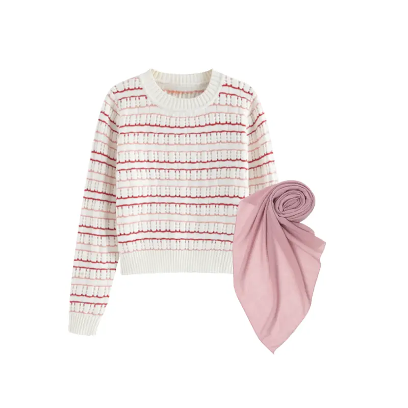 One Set Korean Style (Sweater Warna-Warni, Knit Pants, Hijab) Setelan OOTD Wanita Kekinian - GGO15 3