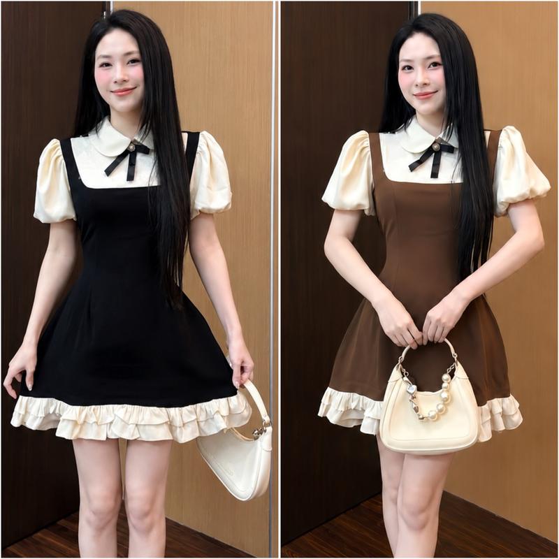 Đầm Phối Sơ Mi Cổ Sen Thắt Nơ Dáng Xòe Bèo Lai Tiểu Thư