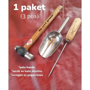 1 Paket 3 pis alat pemecah es batu gagang kayu,palu konde dan serok es batu stenlis Stainless Steel Cream