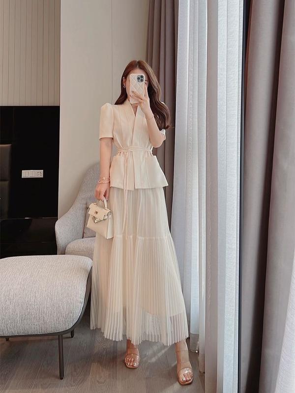 Sét 531 sét bộ áo vest dáng ôm kèm dây eo chân váy lưới rập li, sét áo vest thanh lịch tiểu thư mặc đi làm, đi tiệc