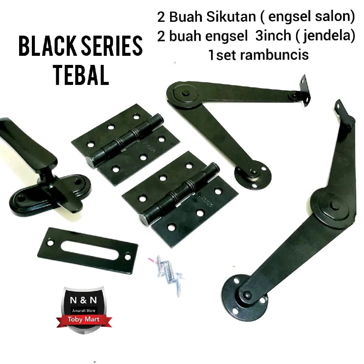 Paket Pasang Jendela / Rambucis Hitam Kunci Jendela / Sikutan Hitam Penahan jendela / engsel hitam 3inch