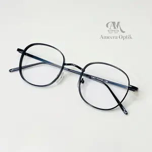 (Beli 1 Free 1) YUTA - Frame Kacamata Bulat Oval Stainless Wanita Pria Eyewear Glasses Mata Normal Minus Cylinder Plus Lensa Photocromic Antiradiasi Blueray Bluecromic Biru