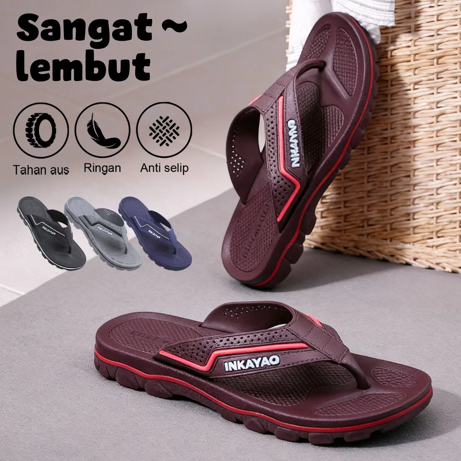 INKAYNI Size 30-44 Sandal Jepit Hitam Pria Sandal Selop Pria Kece Sandal slop pria Bahan Karet EVA Sandal Sandal full karet Sandal Dasar Tebal Lembut Dan Nyaman Anti selip, tahan air, dan tahan lama.