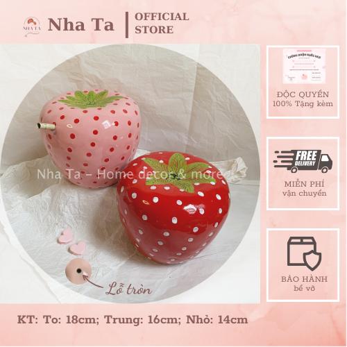 Ống tiết kiệm LỖ TRÒN quả dâu hồng, dâu đỏ cỡ to, heo sứ hoa quả, ống heo bỏ tiền dễ thương trang trí, làm quà tặng