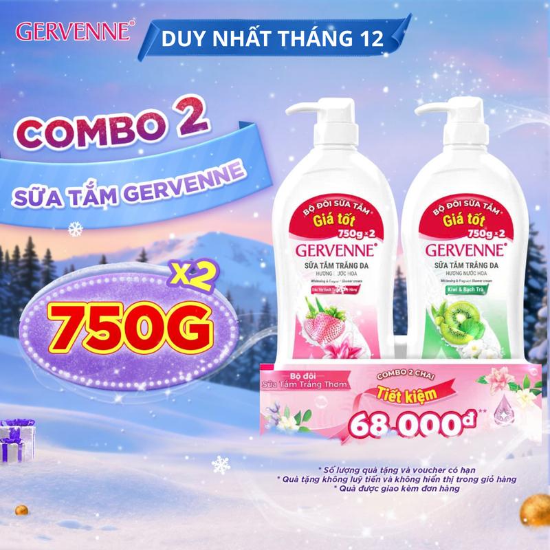  Bộ 2 sữa tắm trắng da Gervenne Kiwi Bạch Trà và Dâu Tây Lily Hồng  750gx2  