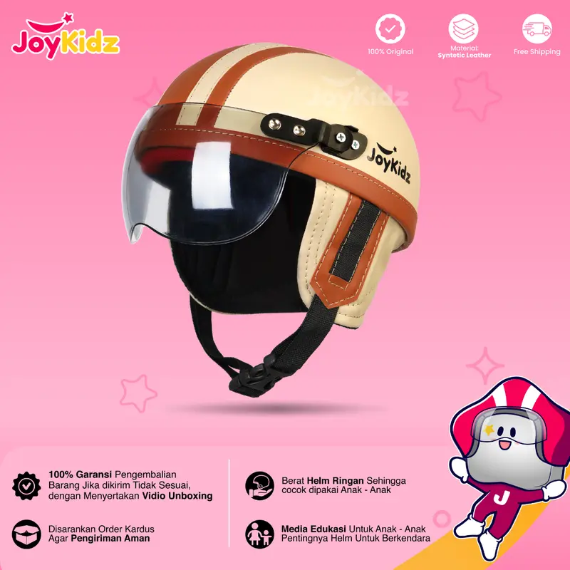 Helm Anak Retro Chips Untuk Usia 1-5 Tahun Polos Garis Cream Coklat Free Kaca SNI 3