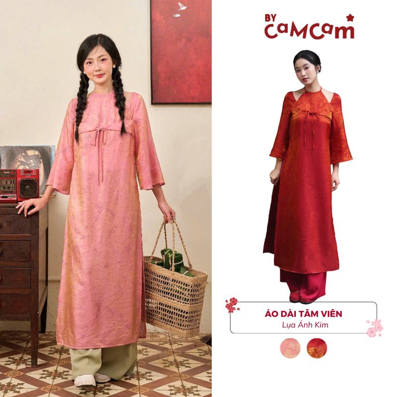  Áo Dài Cổ Yếm TÂM VIÊN Thắt Nơ Bycamcam Hoạ Tiết Tơ Óng Mềm Mại Áo Dài Tết 2026 ADD442 