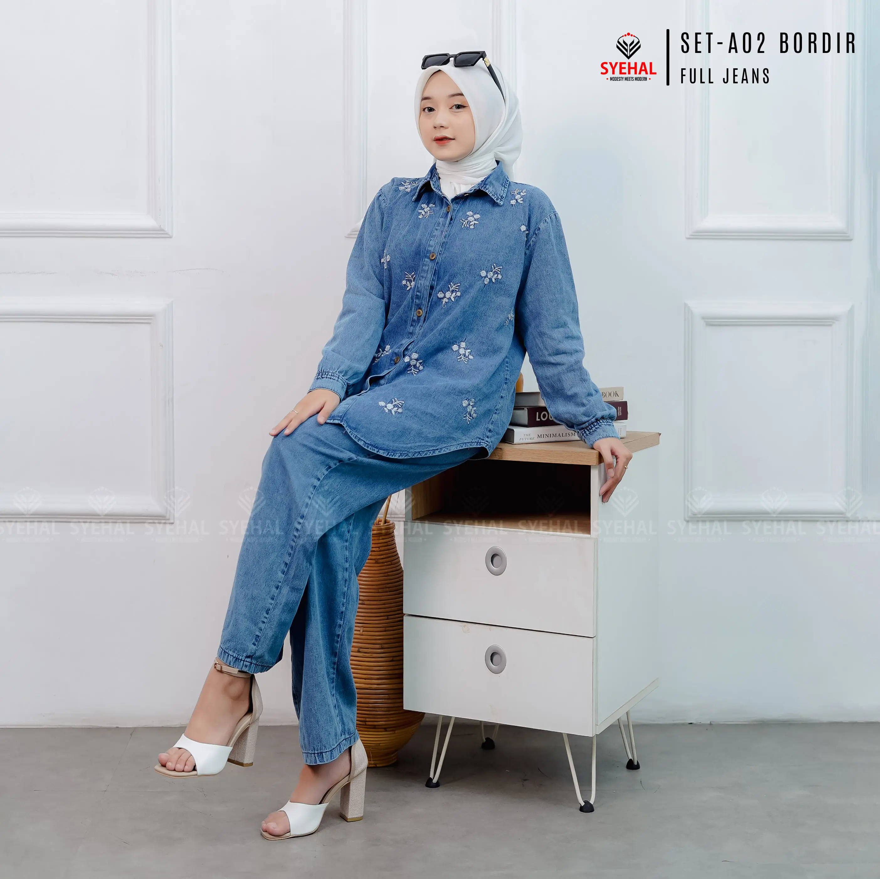 One Set SET-A02 Bordir - Syehal Collection Setcel Jeans Pakaian Wanita / Setelan Baju Celana Wanita Terbaru Muslim Atasan  Panjang Casual Dewasa