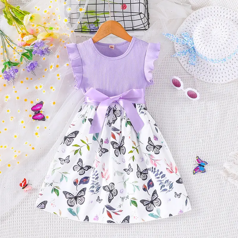 Dress For Kids 3-7 Years old Birthday Korean Style Fashion Ruffled Sleeve Butterfly Floral Tulle Cute Princess Formal Dresses with Belt Ootd For Baby Girl
