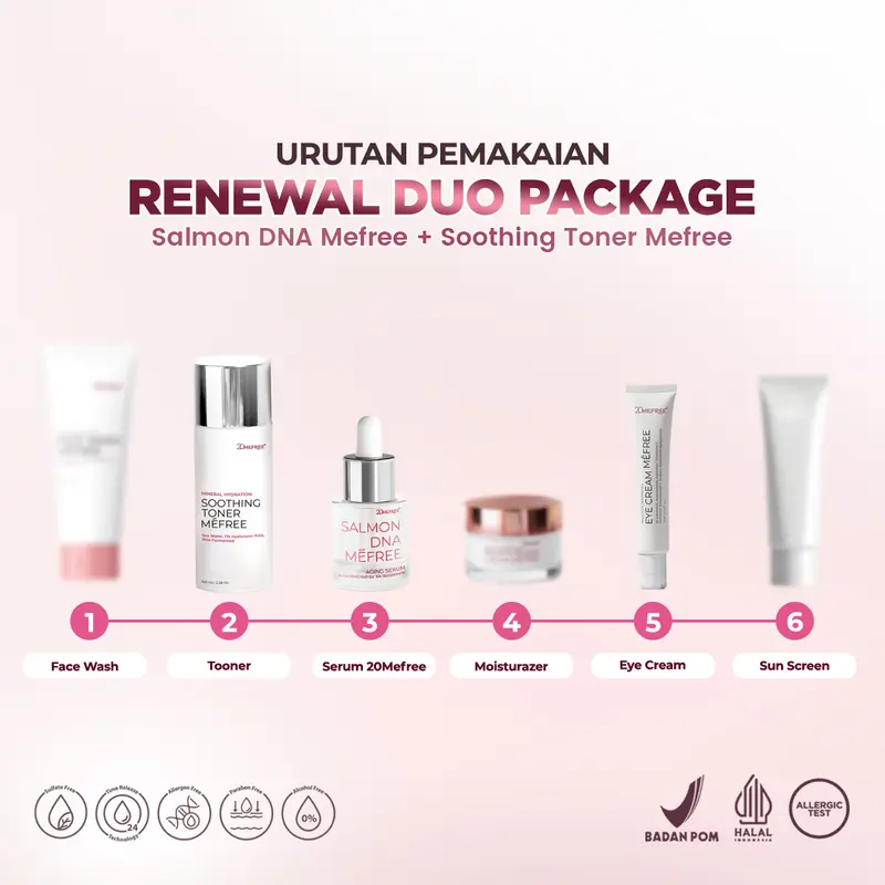 Renewal Duo Package - Salmon DNA Mefree +  Soothing Toner Mefree (Anti Aging Serum + Toner) - Mengangkat Sisa Kotoran di Wajah Pelembab Meminimalkan Pori-pori Mengencangkan Kulit Wajah Kering dan Berjerawat Memudarkan Kerutan Halus di Wajah 5