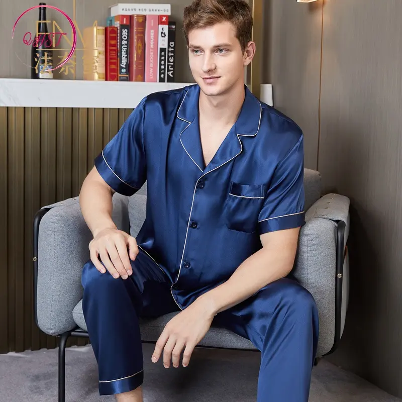 QHST Piyama Pria Biru Tua Solid Set Satin Warna Lunak | Lengan Pendek Celana Panjang Pajamas Import | Pria Baju Tidur 1