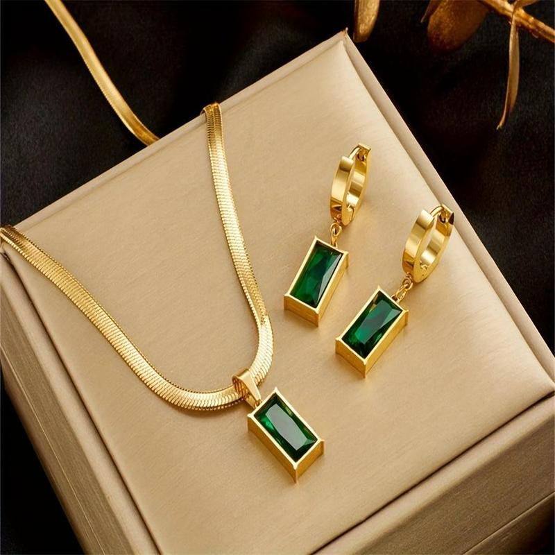 Product Introduction of 3 piece elegant minimalist necklace and earrings set, gold tone snake chain rectangular emerald green cubic zirconia pendant and hoop earrings 12