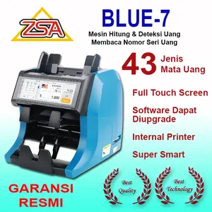 Mesin Penghitung Uang, ZSA BLUE 7, Dengan 2 Kantung, Membaca dan Mendeteksi Akurat Rupiah & Valas, Total 43 Jenis Mata Uang, Membaca Nomor Seri, Internal Printer, Touch Screen, Super Smart, Garansi Resmi