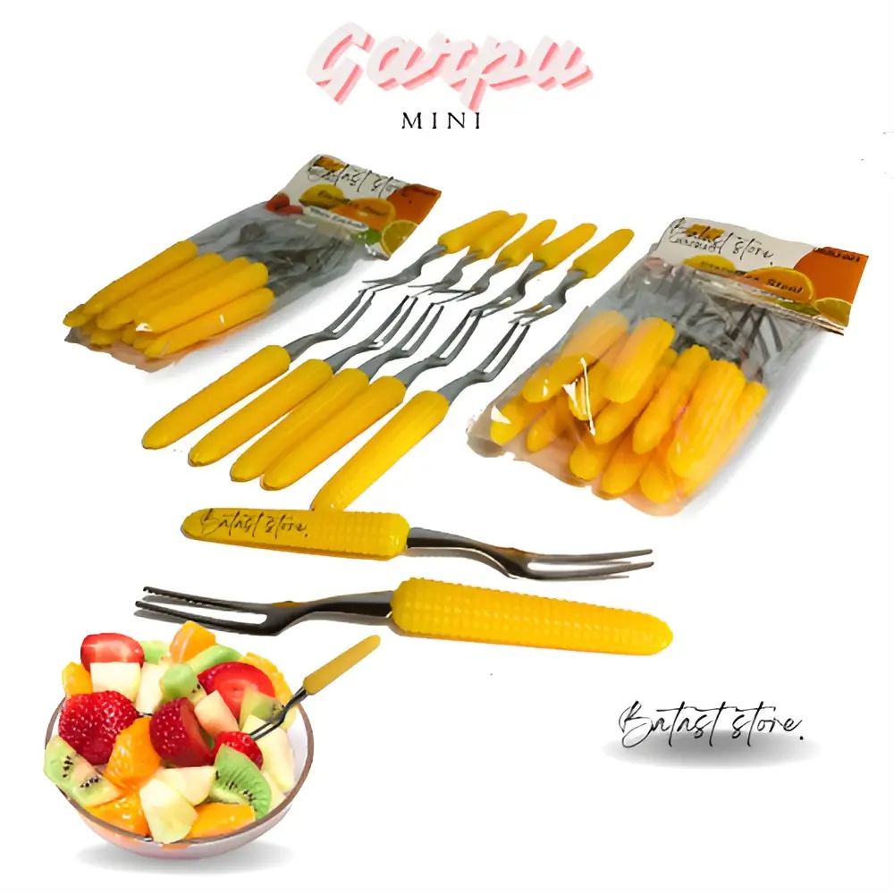 12 Pcs Garpu Mini / Sendok Garpu Buah Stainless Motif Jagung Kitchenware Batast Store Makan Steel