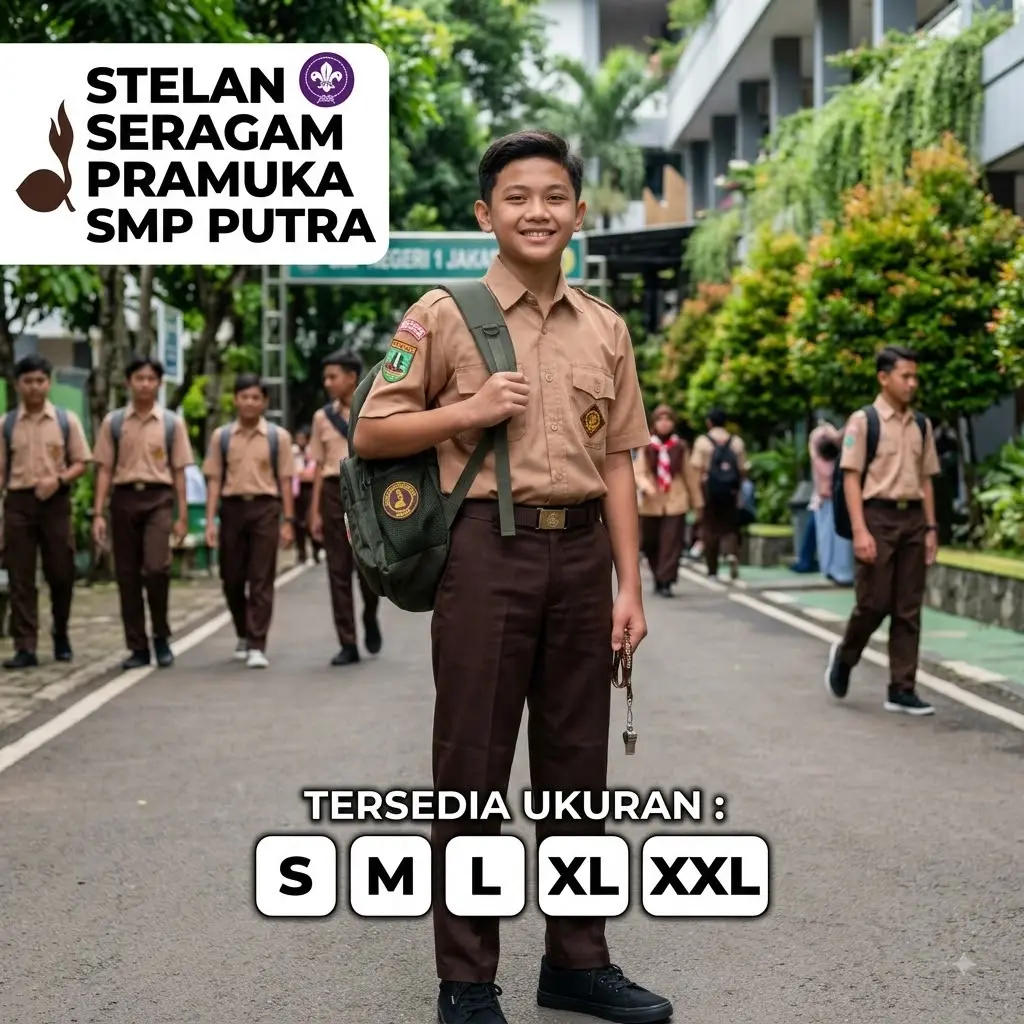Stelan Seragam Pramuka SMP Putra Lengan Pendek Celana Panjang Bahan Tebal & Adem Size S M L XL XXL