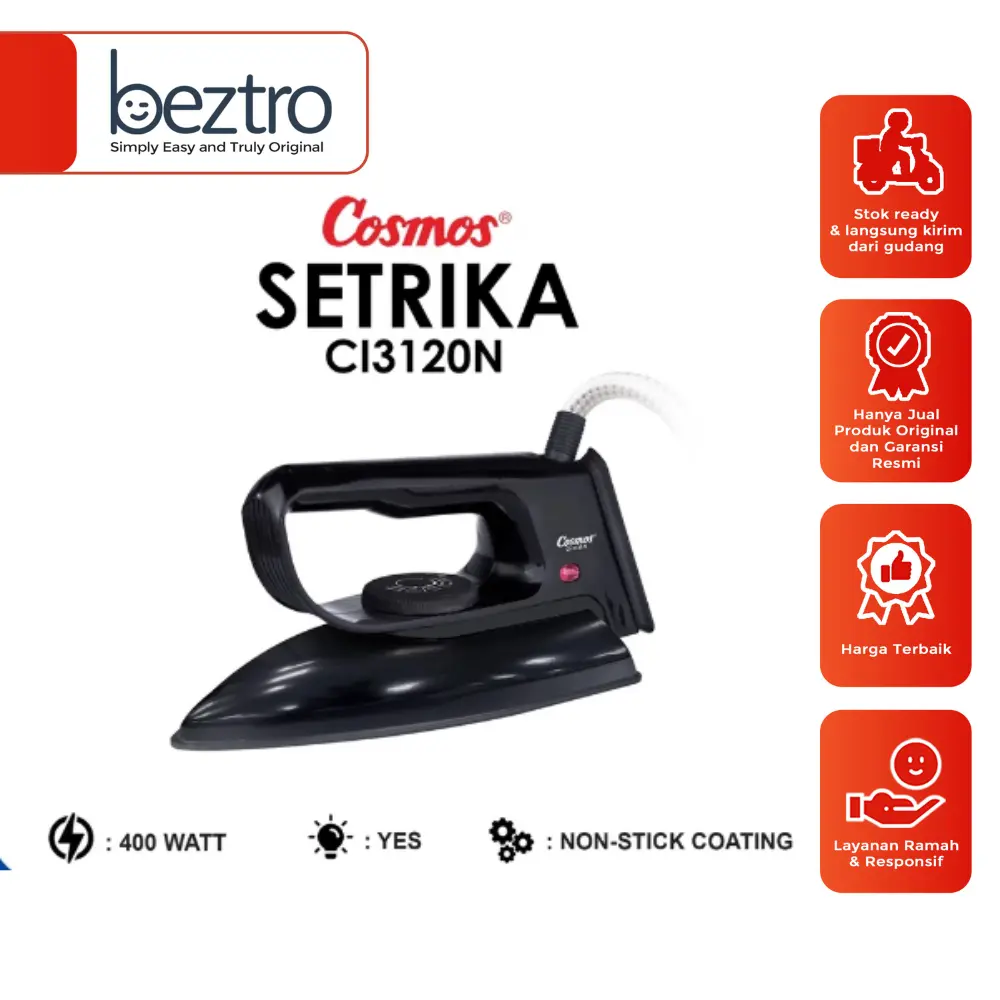 (COD) Cosmos CI3120N CI3120 CI 3120 N – Setrika Kering Dry Iron 400 Watt Suhu Otomatis Warna Hitam Black Stainless Garansi Resmi