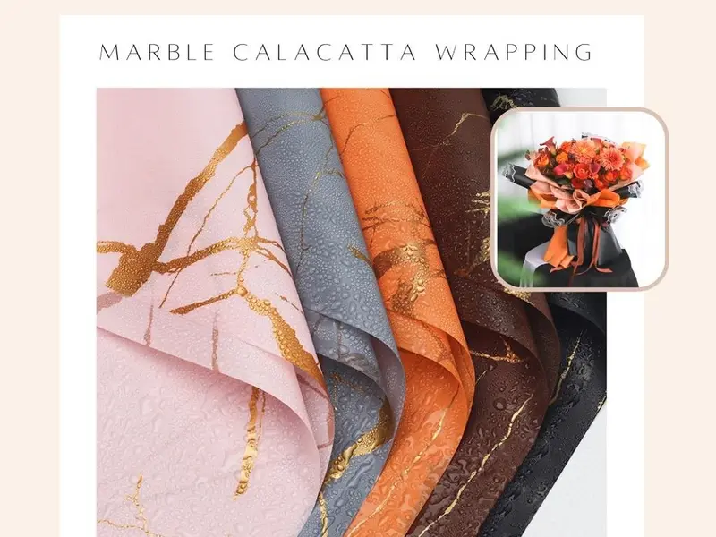 WRAPPING PAPER MARBLE CALACATTA GOLD Flower Wrapping Paper Golden Marble Cellophane Kertas Buket 0