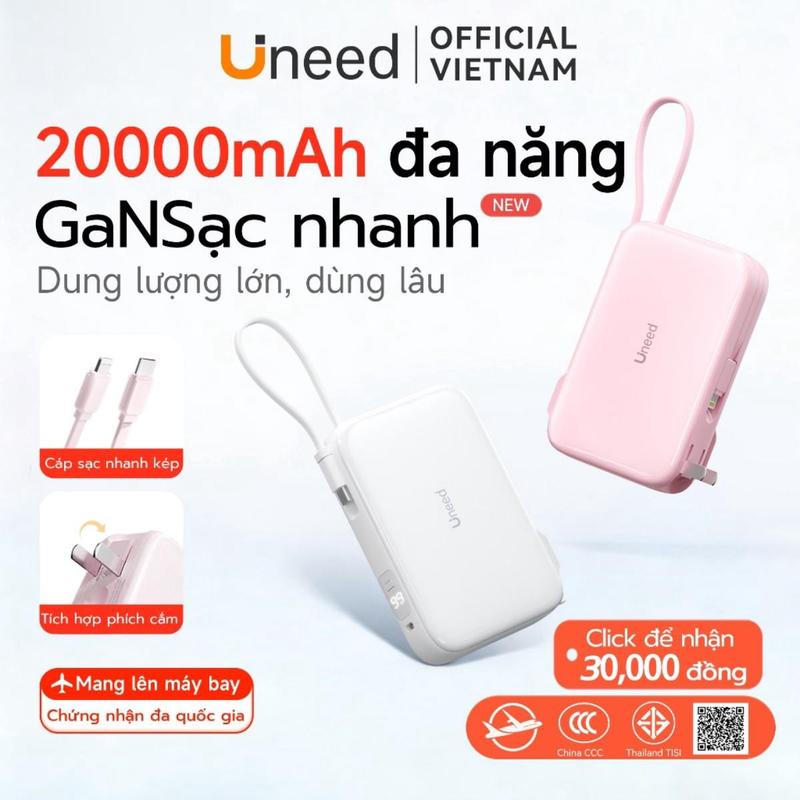 [Bảo hành 2 năm] Uneed Sạc Dự Phòng 20000mAh Cục Sạc Dựng Phòng PD22.5W Sạc Nhanh Có Dây AC Tự Nạp Dây đôi Tích Hợp Pin Dự Phòng Hoạt động Trên iPh8-17 và Android China CCC