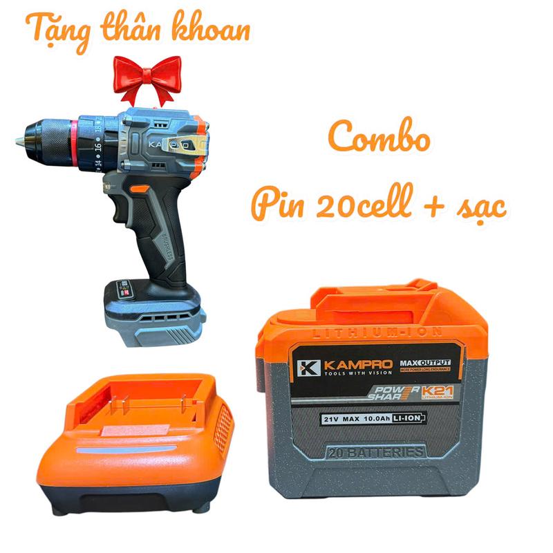 Bộ Pin Sạc 20Cell Kèm Thân Khoan KAMPRO 10Li 21V Chân Pin Phổ Thông , sạc tự ngắt khi đầy, tương thích với nhiều loại máy khoan,bắt vít, máy mài....