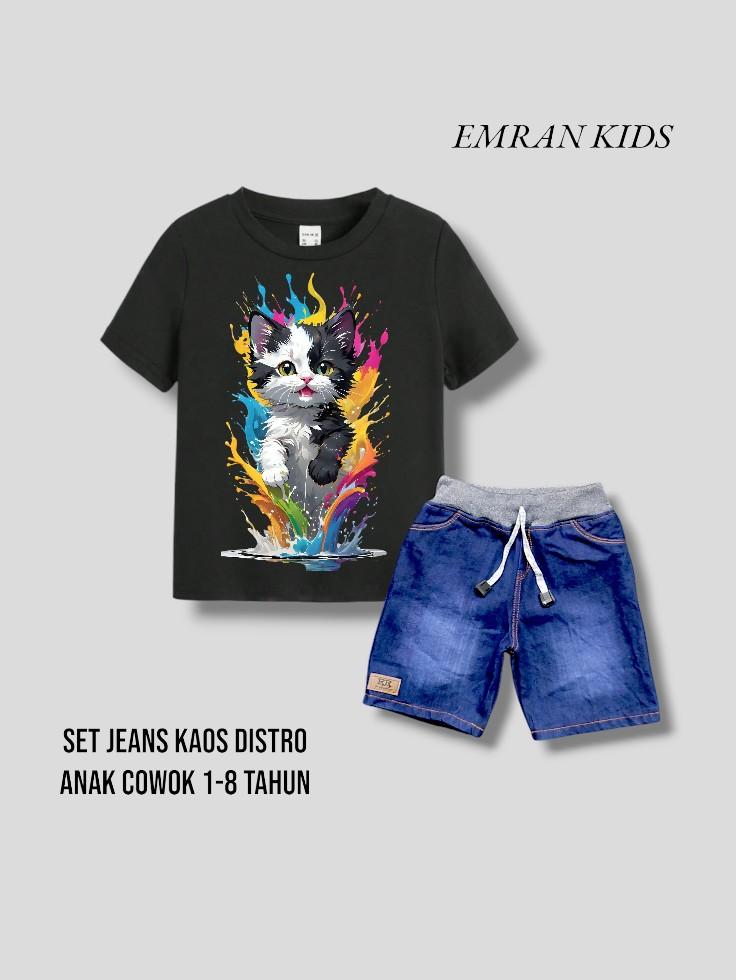 one set anak laki laki jeans ripped kaos distro motif cross line GTA katun adem usia 1-8 tahun Fashion Cowok Cewek Bunda Parsel