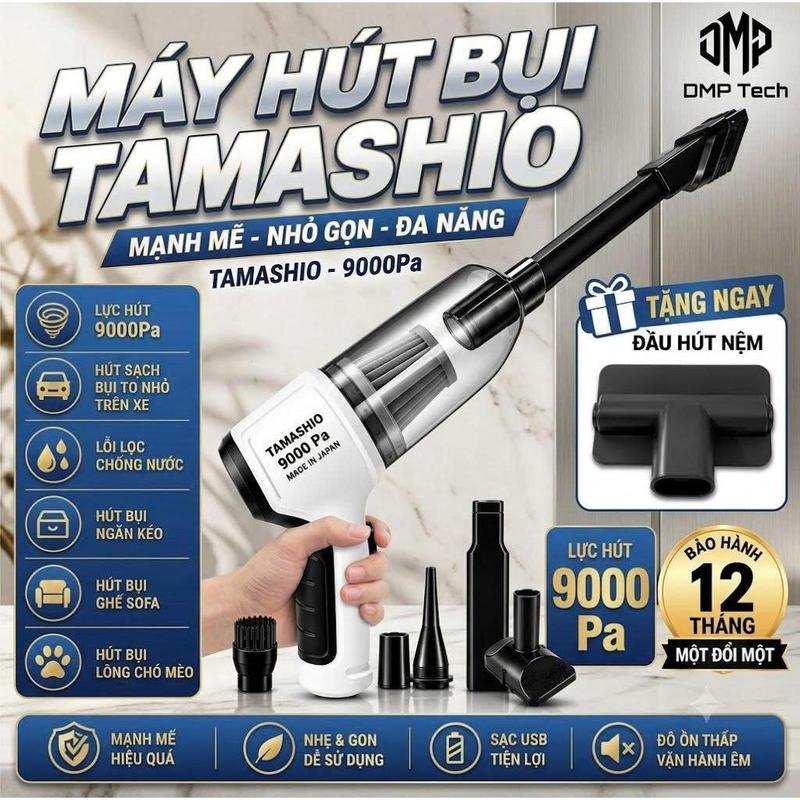 Máy Hút Bụi Cầm Tay TAMASHIO Không Dây Nhật Bản, Hút Giường Nệm, Lông Chó Mèo, Máy Hút Bụi Ô Tô Làm Sạch DMP TECH
