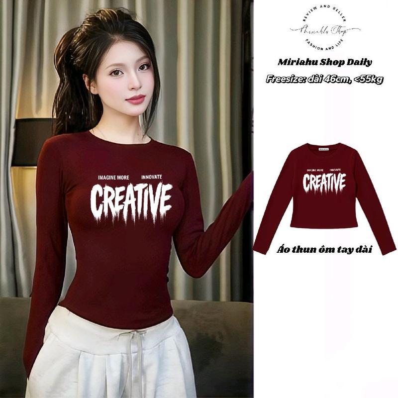 HỎA TỐC Áo Thun Ôm Body Tay Dài Nữ In Hình Creative – Thời Trang Thu Đông Nữ Hot Trend 2025 Dễ Phối Đồ Tôn Dáng