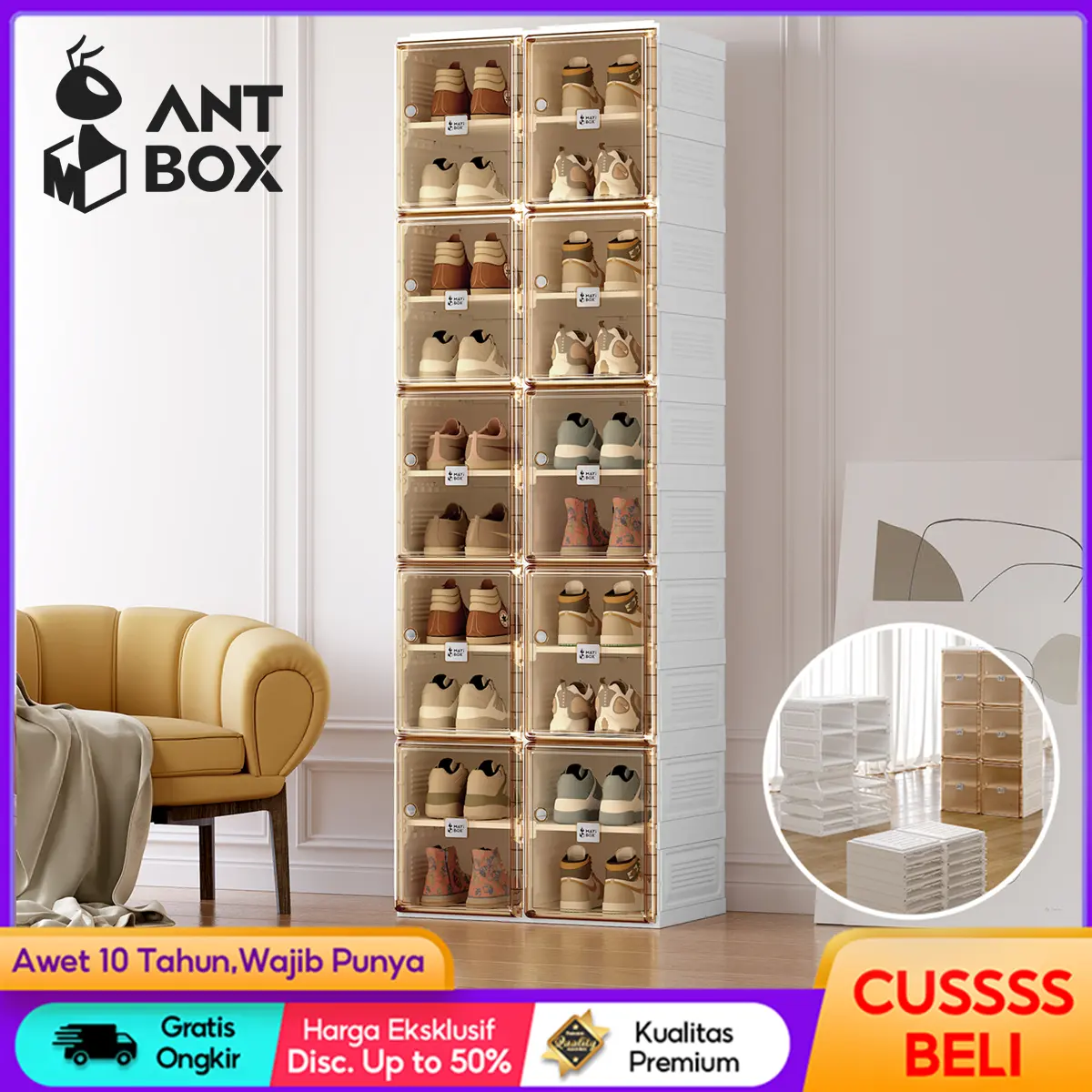 ANTBOX Rak Sepatu 2 Tingkat Kapasitas Besar Kotak Sepatu Lipat Transparan Minimalis akrilik Lemari Sepatu Tertutup Anti Debu Organizer Estetik Praktis untuk Rumah dan Kantor Storage Box Akrilik untuk Penyimpanan Sepatu Mudah Bongkar Pasang kotak serbaguna