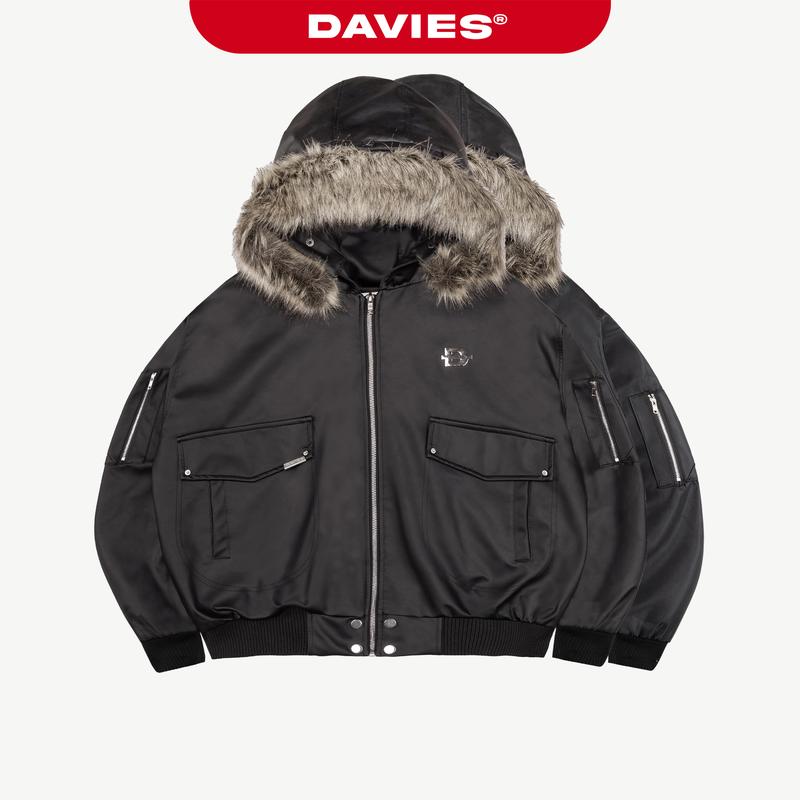  Áo khoác bomber có mũ phối lông vũ DAVIES nhiều túi logo inox dù da túi hộp tay áo Hunter Hooded Bomber Jacket| D-AK17 