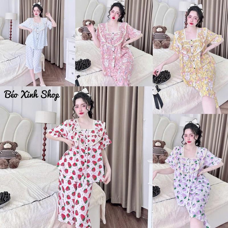 Đồ Bộ - Đồ Ngủ Lửng Pijama Bigsize 50-100kg Vải Lửng Lụa Nhật Phối Ren Tiểu Thư Mềm Mịn Mát Nữ Women Quần Ngủ Áo Ngủ - A.5213
