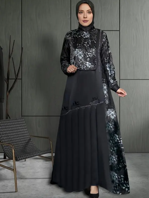 Gamis Jumbo Elegan Terbaru Kain Silk Motif Bunga Mewah Wanita Muslim  Dress LD UP TO 140 - Baju Busui & Wudhu Friendly 2