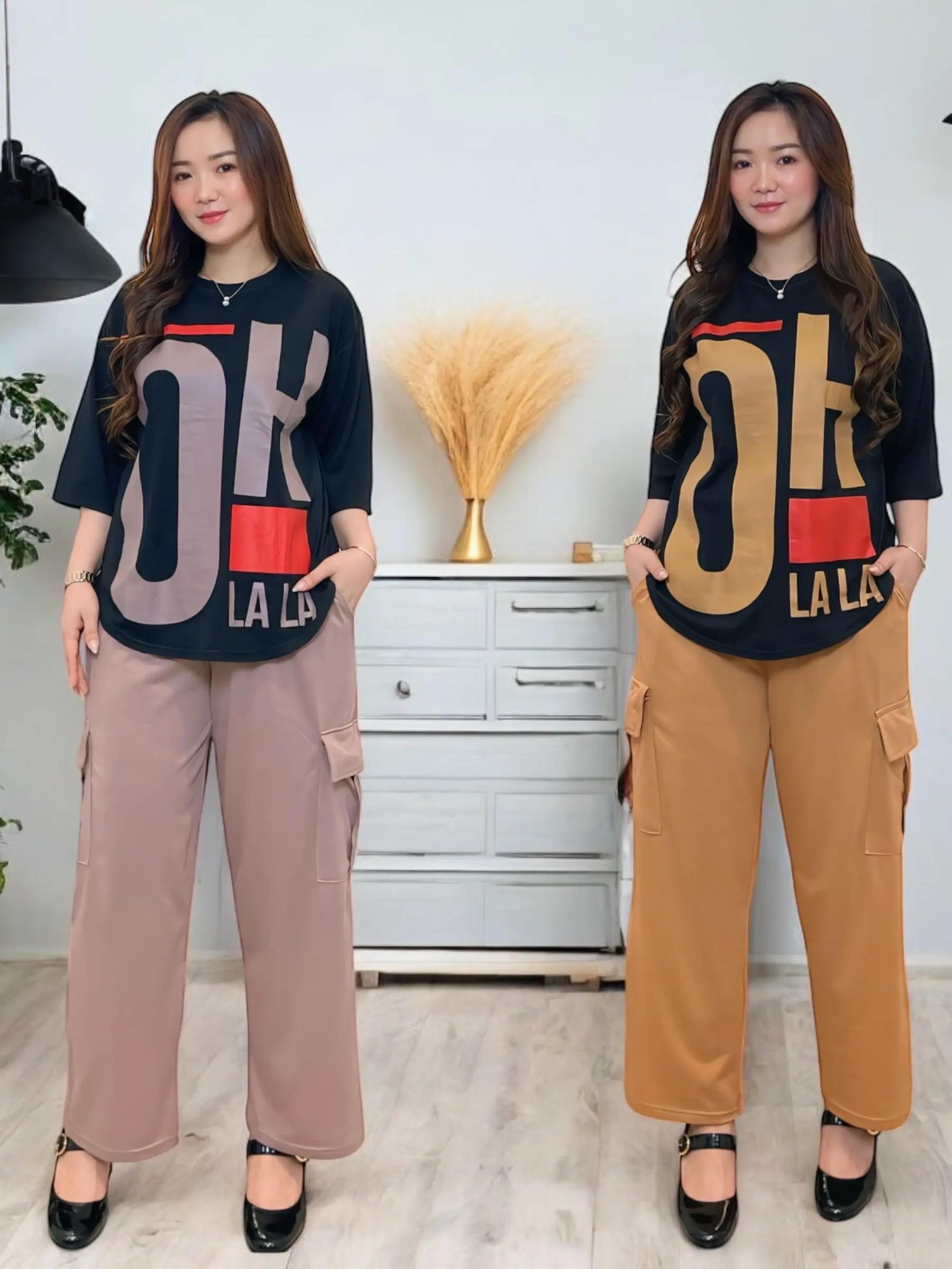 Setelan Cargo Oversize LD 120 CM Setelan Wanita Atasan Lengan 3/4 dan Celana Cargo Setelan Oh Lala Fashion Muslim SR5370