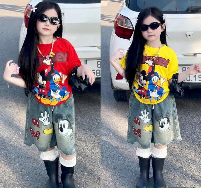   MinMinKid2   18-55kg dưới 1m6  Set áo thun cotton in hoạ tiết CHUỘT VÀ VỊT hoạt hình đáng yêu phối quần ngố cho bé gái 