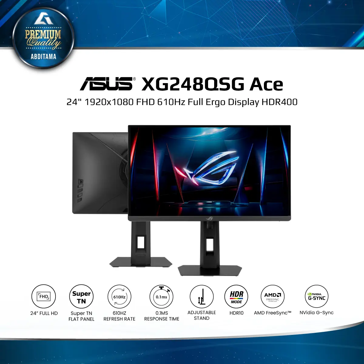 Monitor LED Asus XG248QSG Ace Esports Gaming Monitor 24" 1920x1080 FHD 610Hz Refresh Rate (Overclock) 0.1ms HDMI 2.1x2 DP 1.4x1 HDR10 Full Ergonomic Stand VESA 100x100mm ELMB 2 VRR Low Input Lag Display HDR400 Tripod Soket