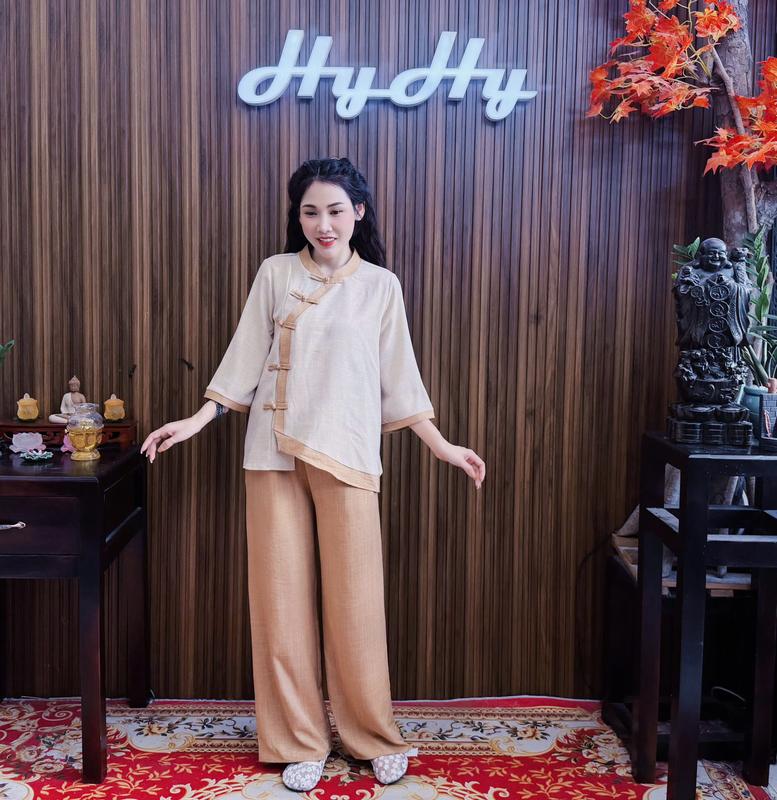  SALE  Hạnh Nguyên - Bộ Pháp Phục Đi Lễ Chùa Nữ Bigsize Tay Lửng Nút Cài Phối Màu Sang Trọng HyHy 